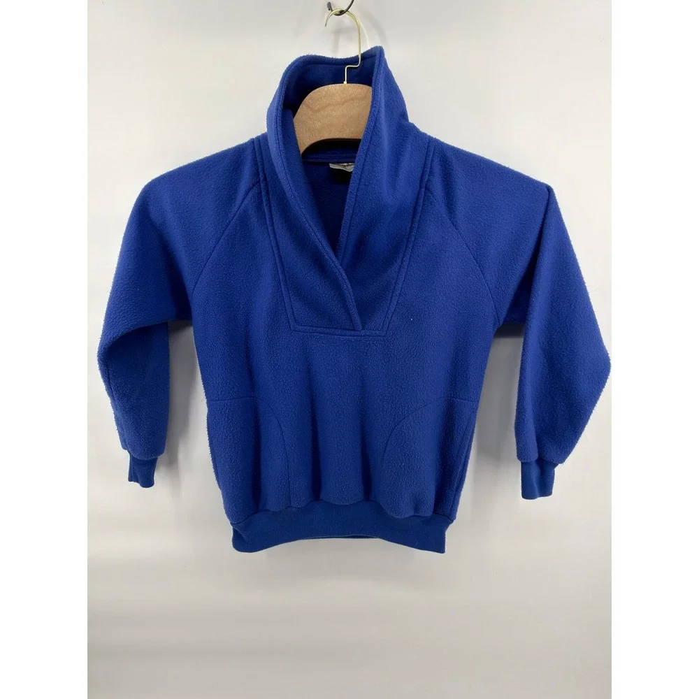Vintage 80s Normandee Rose Blue Fleece Pullover Shawl Neck Sweatshirt Medium